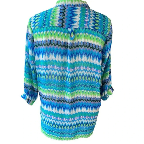 Rouge Collection 3/4 Sleeve Button Front Sheer Chiffon Tops Blouse Size 1X Ikat - Picture 2 of 16